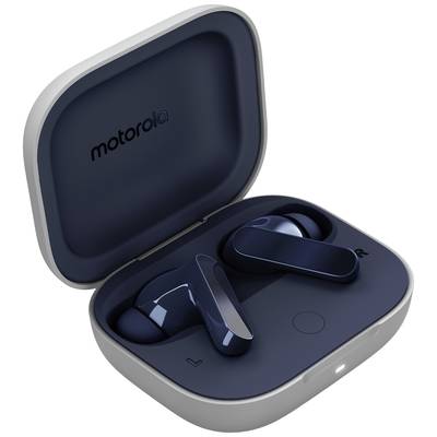 A pair of wireless earbuds in an open charging case. They are navy blue and the case displays the manufacturer's logo.