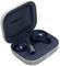 A pair of wireless earbuds in an open charging case. They are navy blue and the case displays the manufacturer's logo.