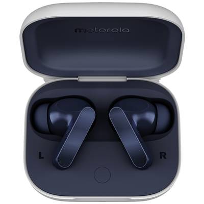 A pair of wireless blue earbuds in an opened matching charging case with 'L' and 'R' markings for the left and right sides.