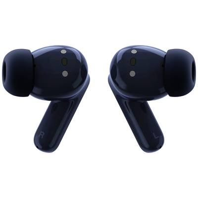Two wireless, glossy black in-ear headphones. They are marked with 'R' and 'L' for the right and left sides.