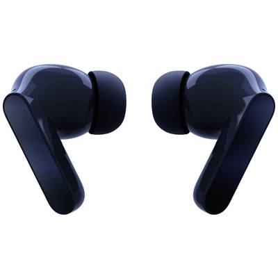 Two black, wireless earbuds with a smooth surface, positioned opposite each other. They are compact and designed in a modern style.