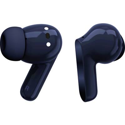 Black wireless in-ear headphones with a smooth surface and non-slip design, shown from front and side views.