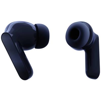 Black wireless in-ear headphones, viewed from two angles, modern design.
