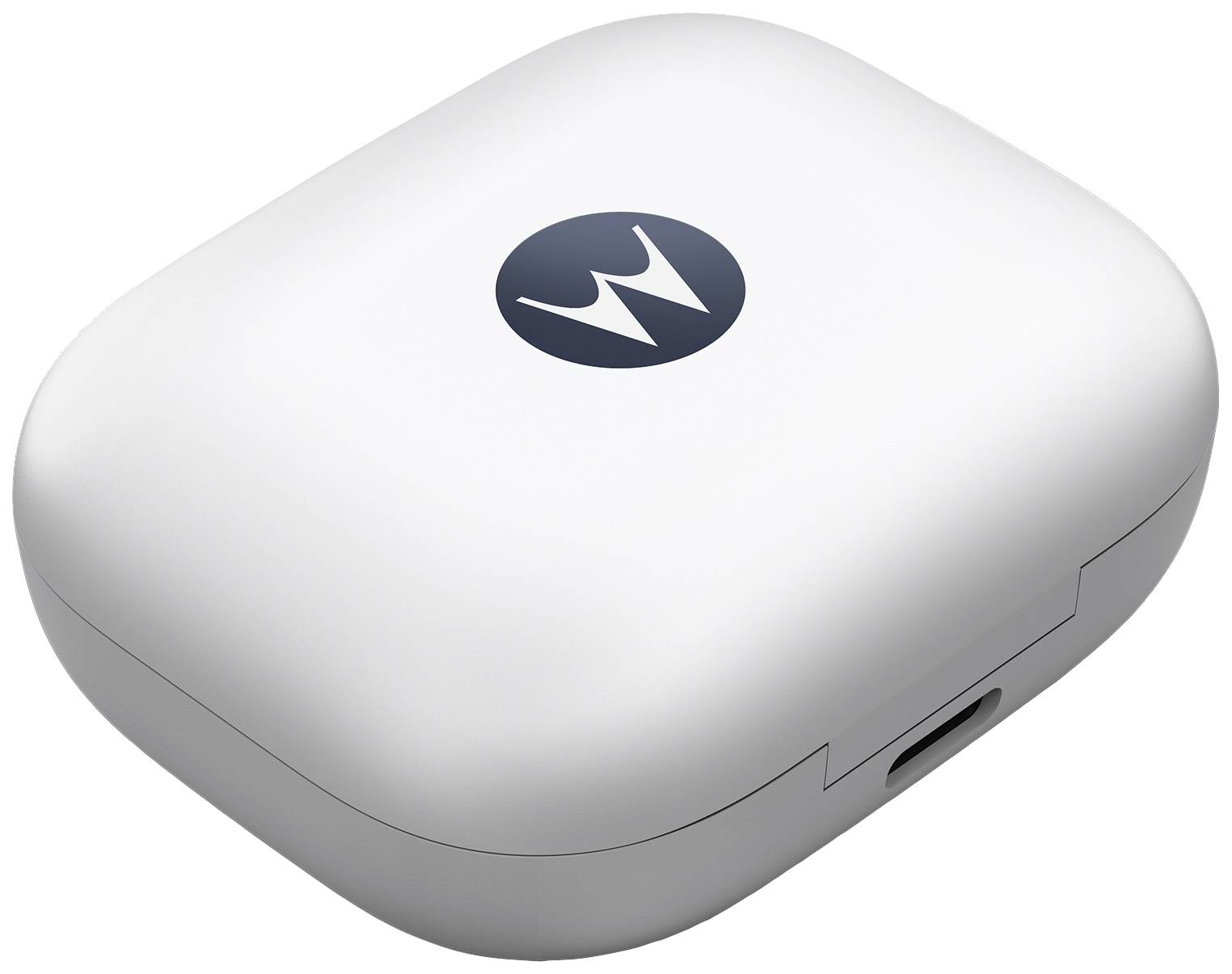 A white, oval charging case with a black "M" logo, presumably for wireless earbuds, featuring a USB-C port on the side.