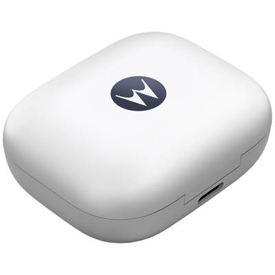 A white, oval charging case with a black "M" logo, presumably for wireless earbuds, featuring a USB-C port on the side.