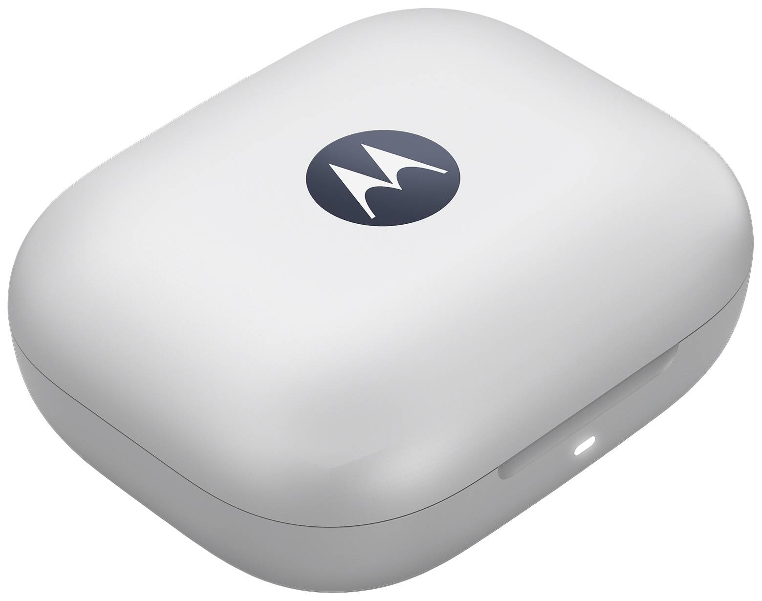 White rectangular charging case with rounded corners and logo on the lid. Indicator light on the front.