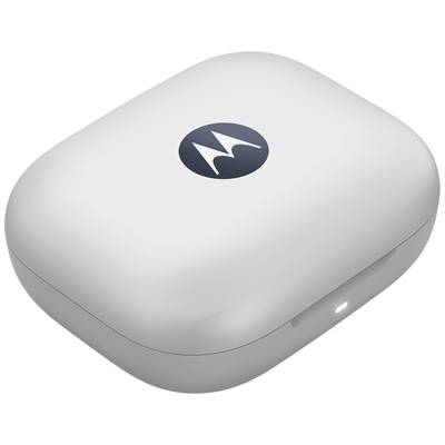 White rectangular charging case with rounded corners and logo on the lid. Indicator light on the front.
