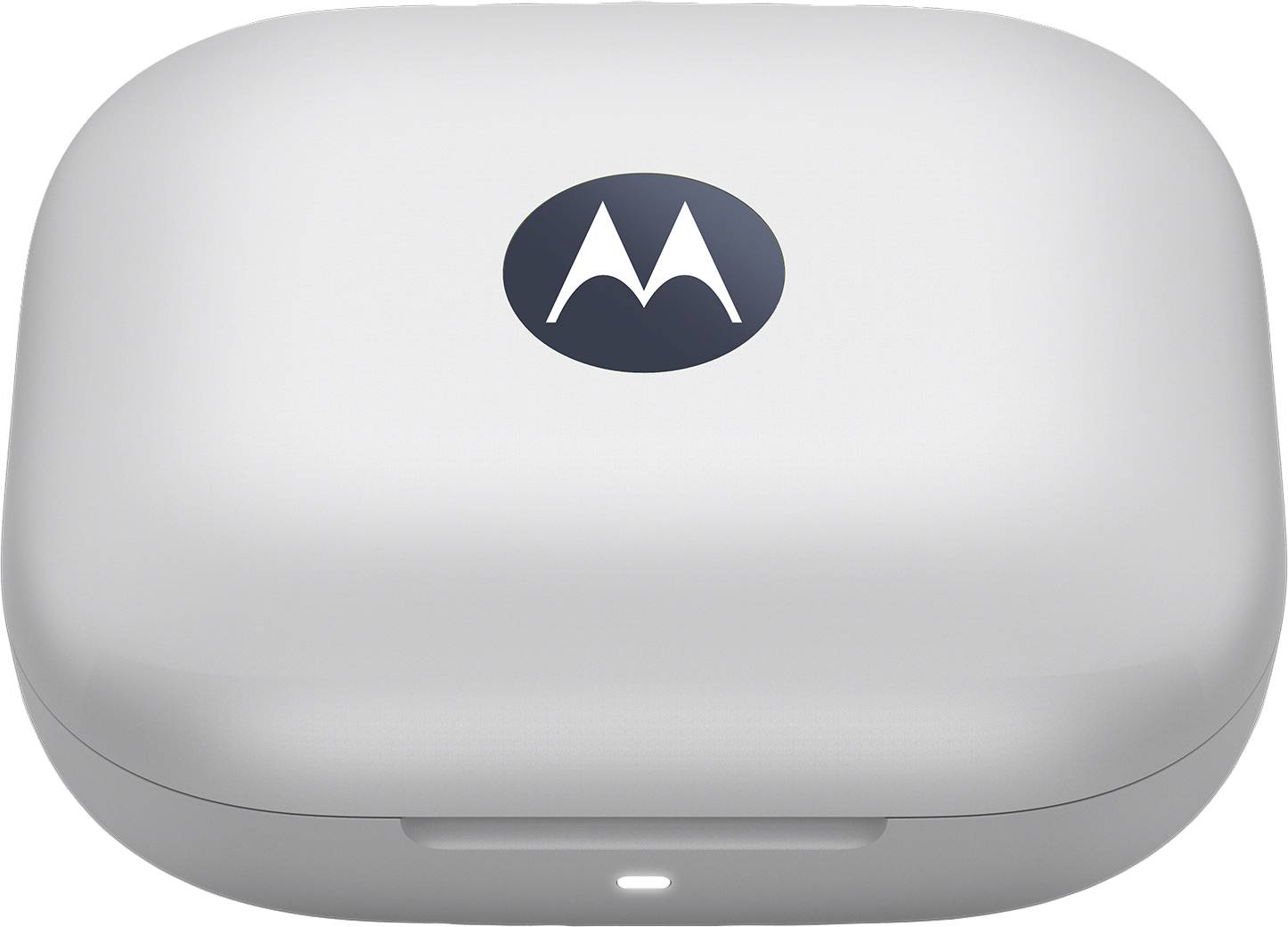 A white charging case with the Motorola logo on top.