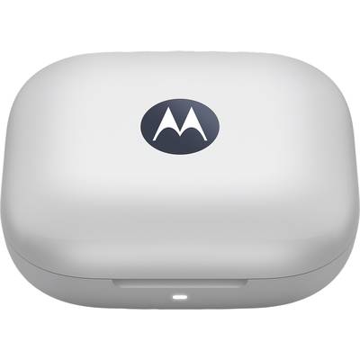 A white charging case with the Motorola logo on top.