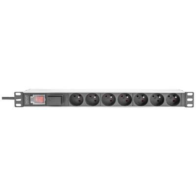 Power distribution strip with six sockets and a network switch on a white background.