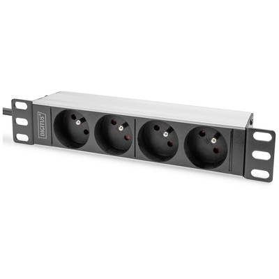 Power distribution unit with four black outlets, mounted on a metal rail, suitable for use in server racks.