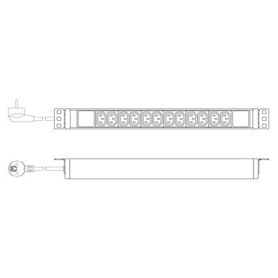 A technical drawing of a power strip with multiple sockets. The front view is shown at the top, and the rear view is shown at the bottom.