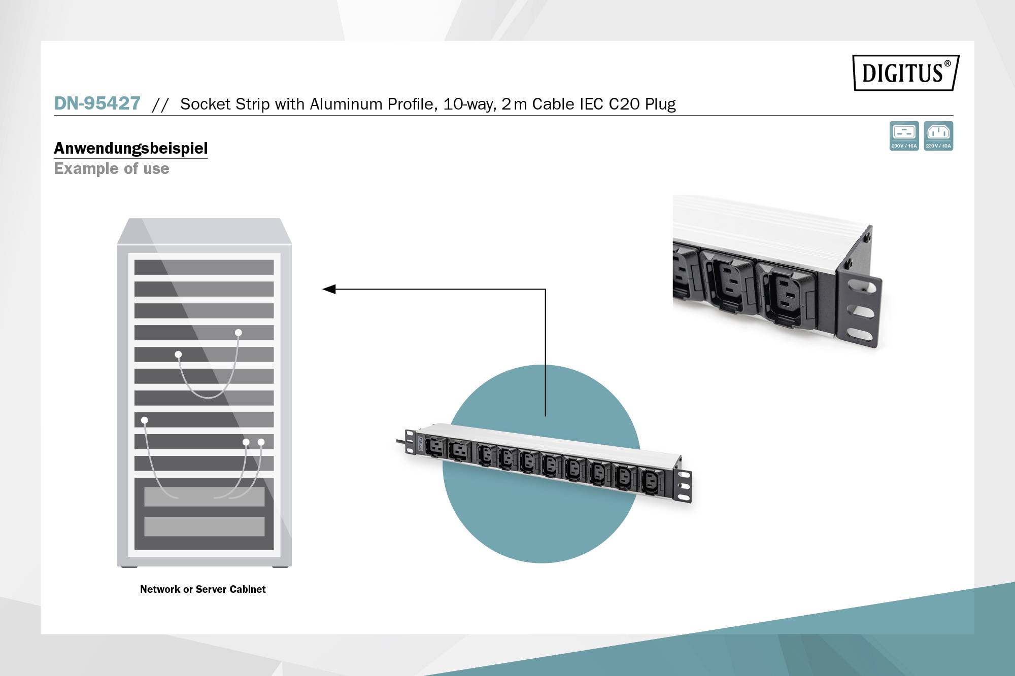 Digitus DN-95427 19 inch Server rack cabinet power strip 1 U IEC C13 10A Suitable for (cabinet depths): > 300 mm Alumini-8
