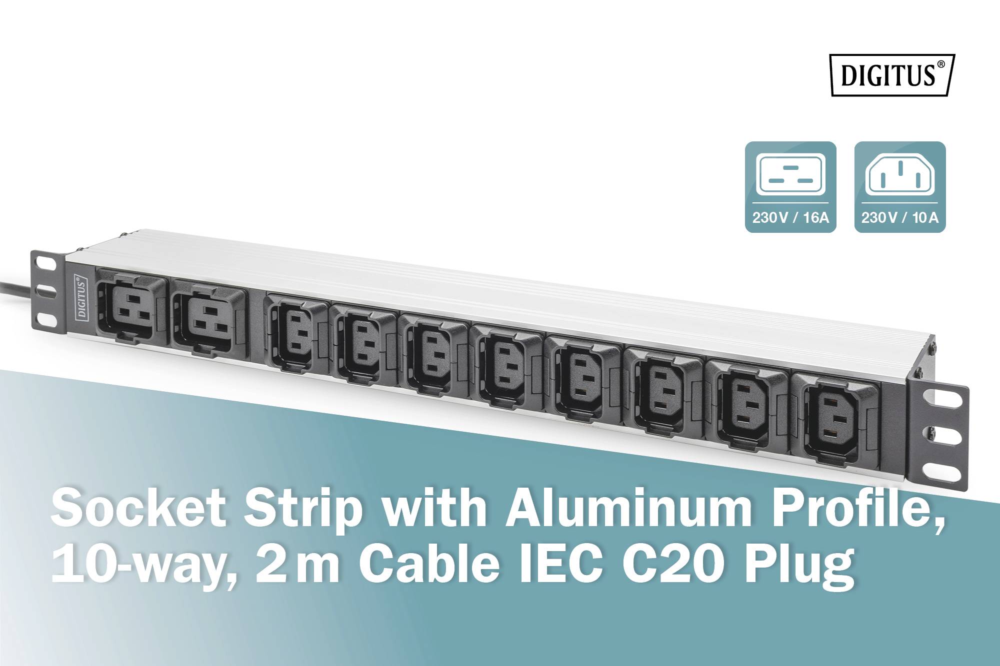 Digitus DN-95427 19 inch Server rack cabinet power strip 1 U IEC C13 10A Suitable for (cabinet depths): > 300 mm Alumini-9
