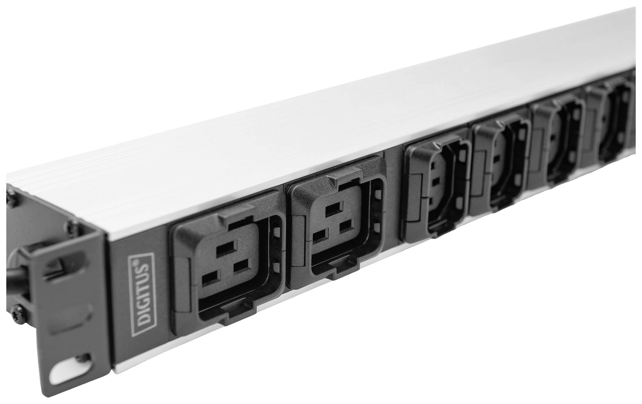 A white power distribution unit with black sockets and the 'Digitus' logo on the side, mounted on a din rail.