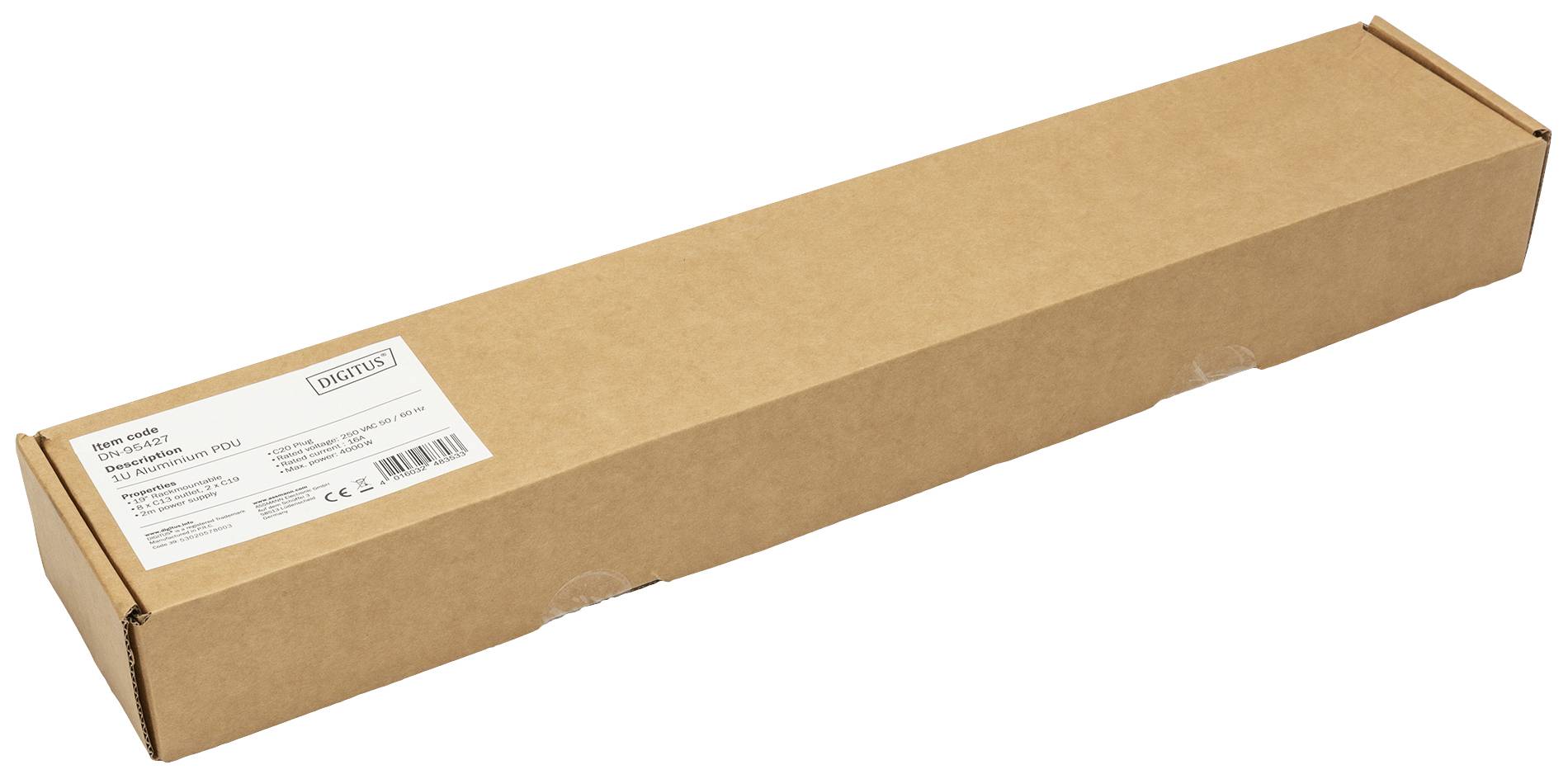 Long, rectangular cardboard box with a white label on the top side.