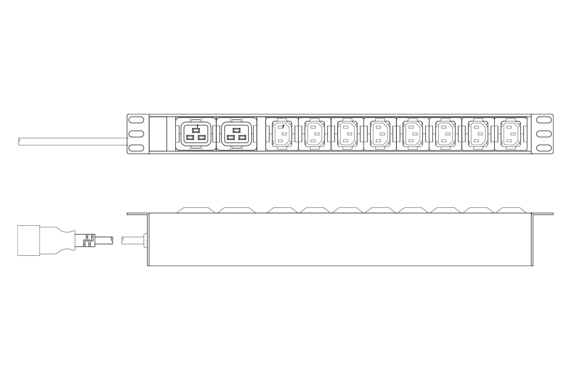 Drawing shows a power strip with eight sockets in a row. A cable is connected on the left side.