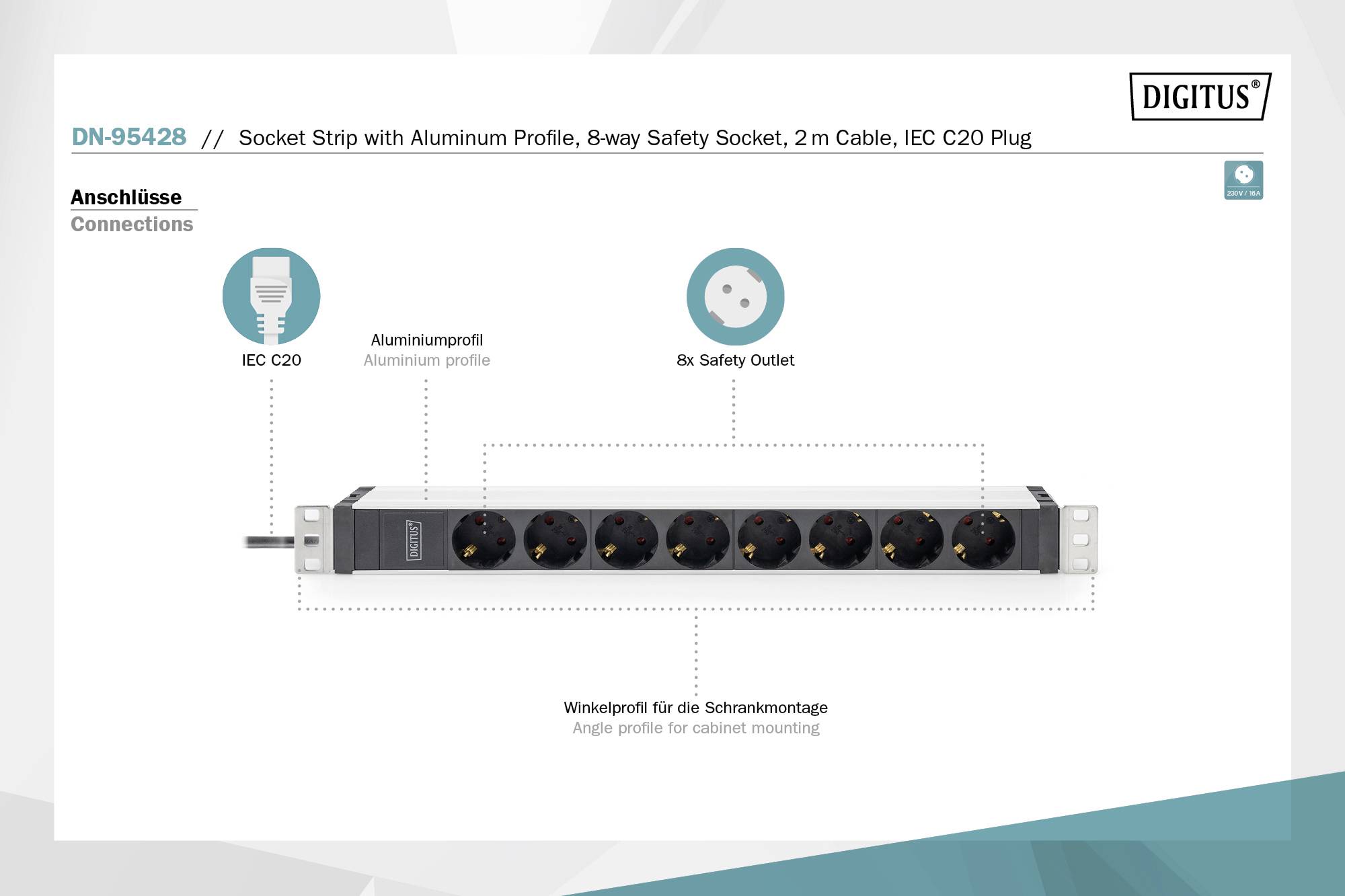 Digitus DN-95428 19 inch Server rack cabinet power strip 1 U PG socket Suitable for (cabinet depths): > 300 mm Aluminium-7