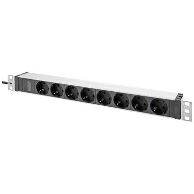 Eight-way socket strip with black Schuko sockets, suitable for wall or rack mounting, with power cable exiting on the left side.