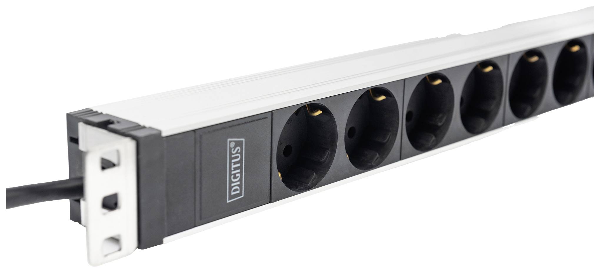 Seven-socket power strip with a white casing on the left side, featuring black sockets.
