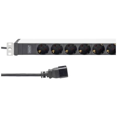Six-way black socket extension lead with a mains plug for power supply, brand marking visible on the left side.