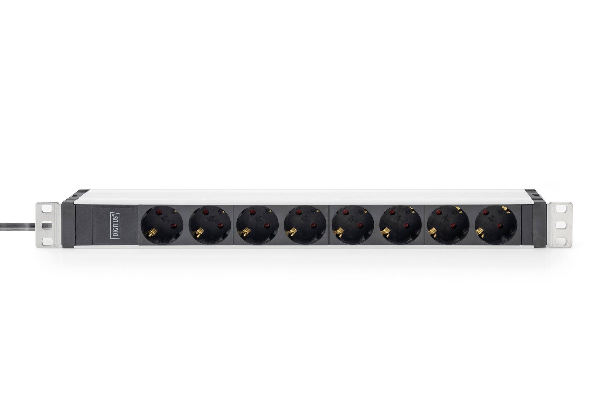 Multiple socket strip with 8 black socket outlets in a metal rail, ideal for server or technical equipment.