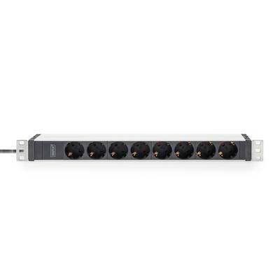 Multiple socket strip with 8 black socket outlets in a metal rail, ideal for server or technical equipment.