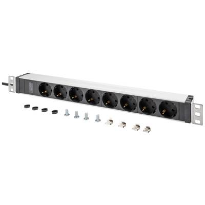 Eight-way power strip with accompanying accessories such as screws and cable holders. Suitable for mounting in a rack.