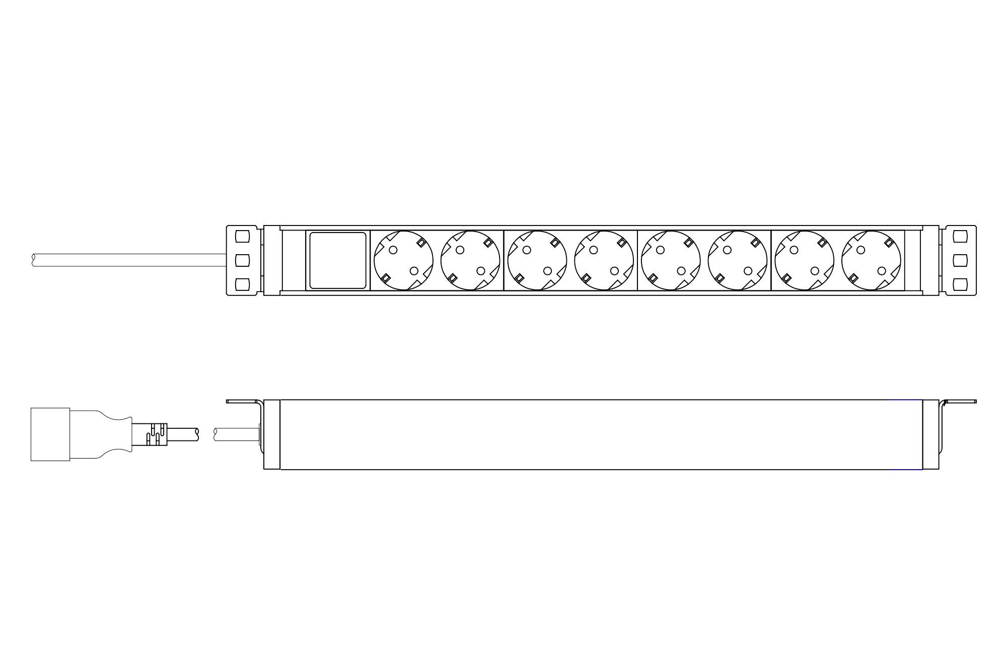 Drawing of a multi-socket power strip with eight outlets and connection cable, shown from the side and front views.