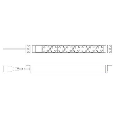 Drawing of a multi-socket power strip with eight outlets and connection cable, shown from the side and front views.