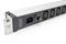 Metal power strip with multiple socket outlets and a network switch, suitable for use in IT environments.