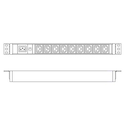 Power distribution unit with eight sockets and a network switch, suitable for mounting in a server rack.