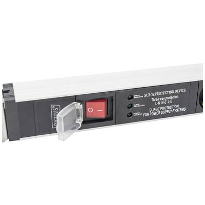 The figure shows a power strip with surge protection, a red on/off switch, and three LEDs to indicate the protective function.