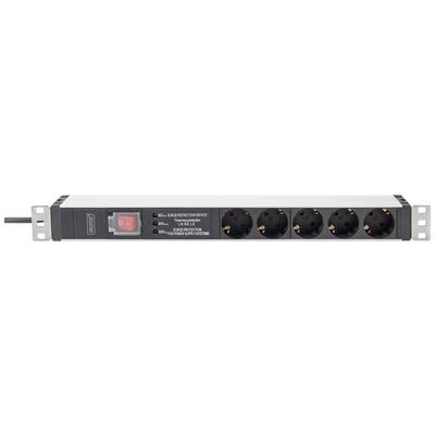 A power strip with five Schuko sockets and a red on/off switch.