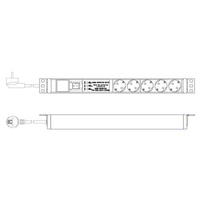 'Drawing of a power strip with five socket outlets and an on/off switch, side and front view.'