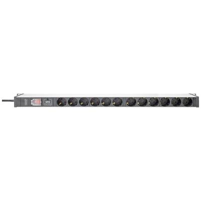 Multi-socket extension with ten black plug sockets and a red switch on the left. Suitable for powering multiple devices.