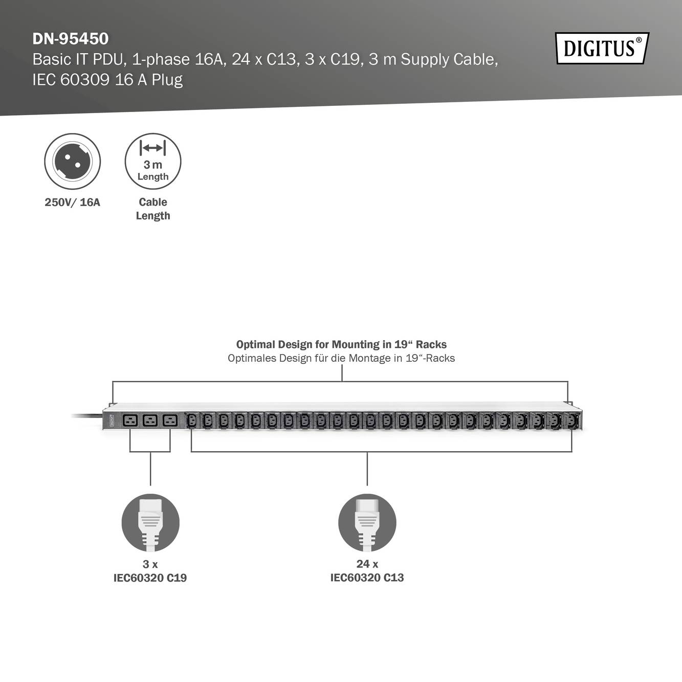 Digitus DN-95450 19 inch Server rack cabinet power strip IEC C13 10A Suitable for (cabinet depths): > 300 mm Black-4