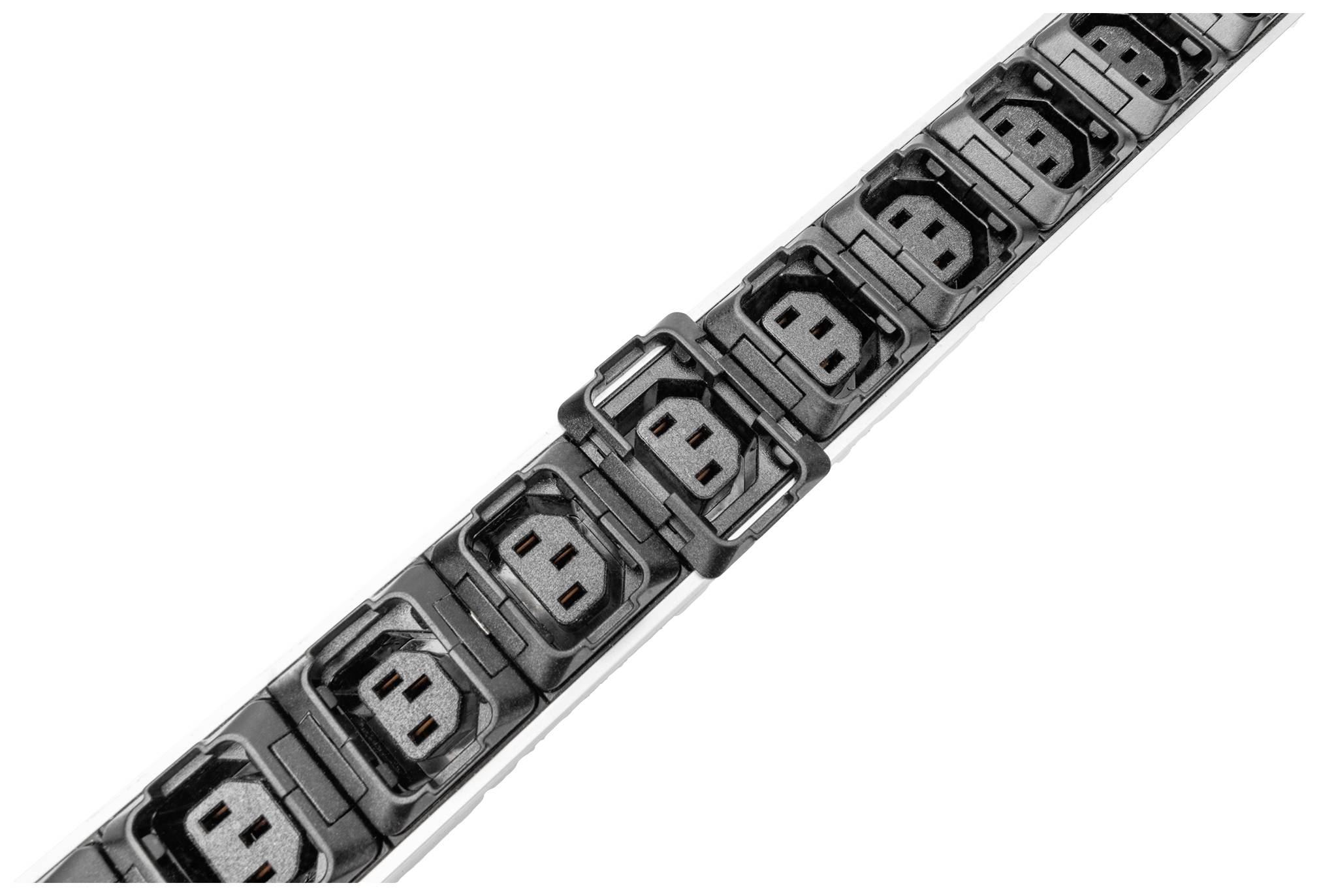 A row of several black electrical sockets arranged in a housing.