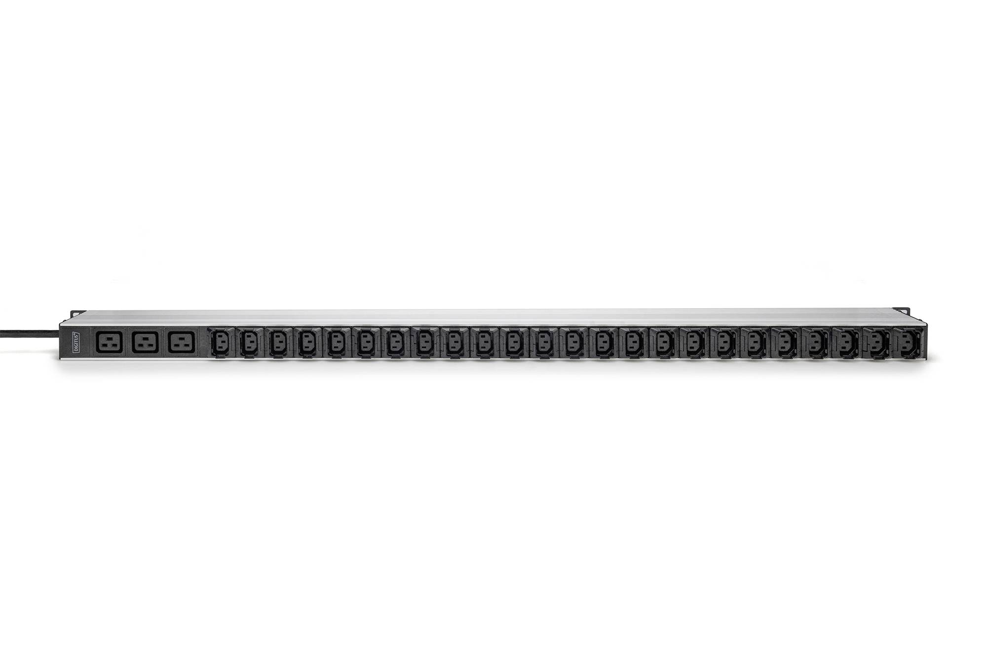 Electrical power strip with multiple sockets in a row, suitable for use in data centres or offices.