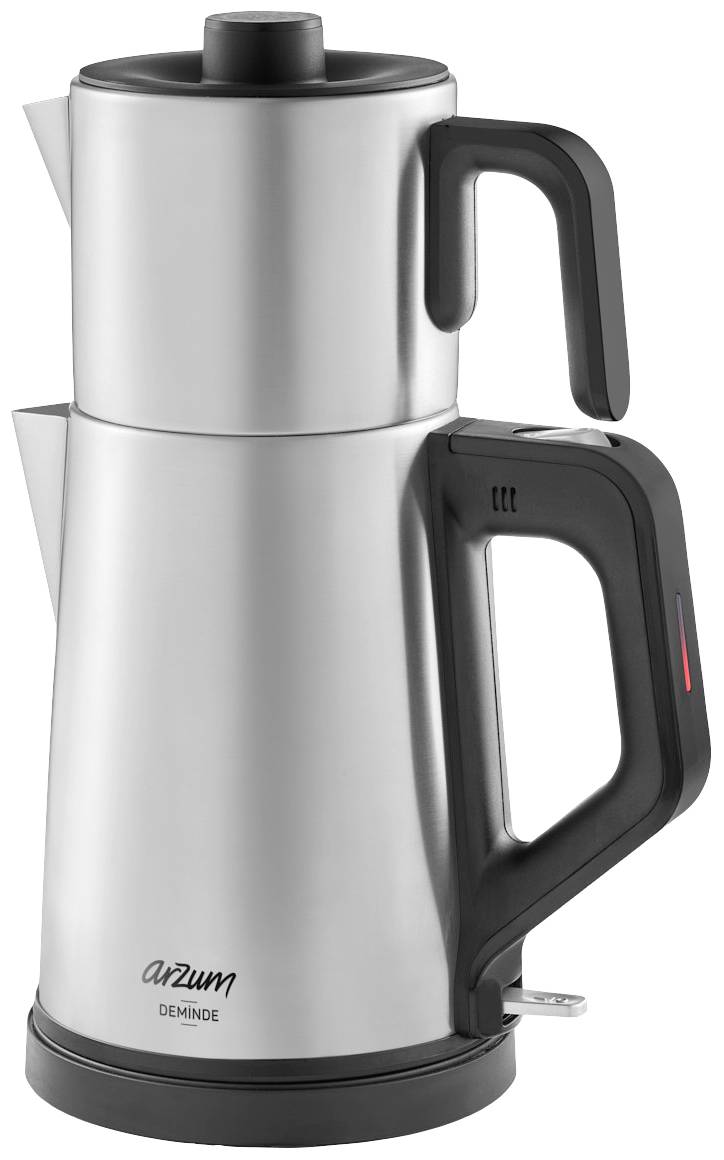 A silver electric kettle with a black handle and spout. The brand 'arzum' is printed on the bottom.
