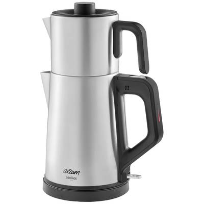 A silver electric kettle with a black handle and spout. The brand 'arzum' is printed on the bottom.
