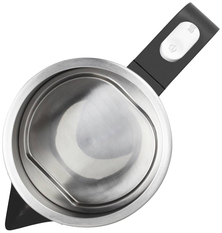 Stainless steel electric kettle with a black handle and control panel. Top-down view reveals the smooth interior of the container.