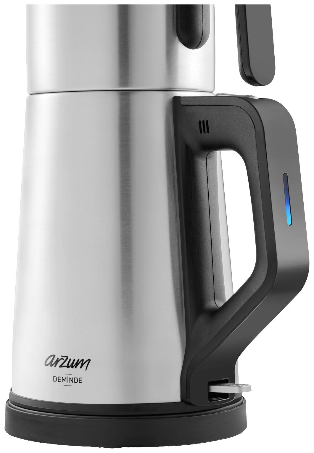 Electric kettle made of stainless steel with a black handle and blue LED indicator. Brand 'Arzum', Model 'Deminde'.