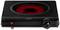 Electric hob with a red heating surface, black casing, and rotary control knobs on the front, with the brand name 'DOMO' displayed.