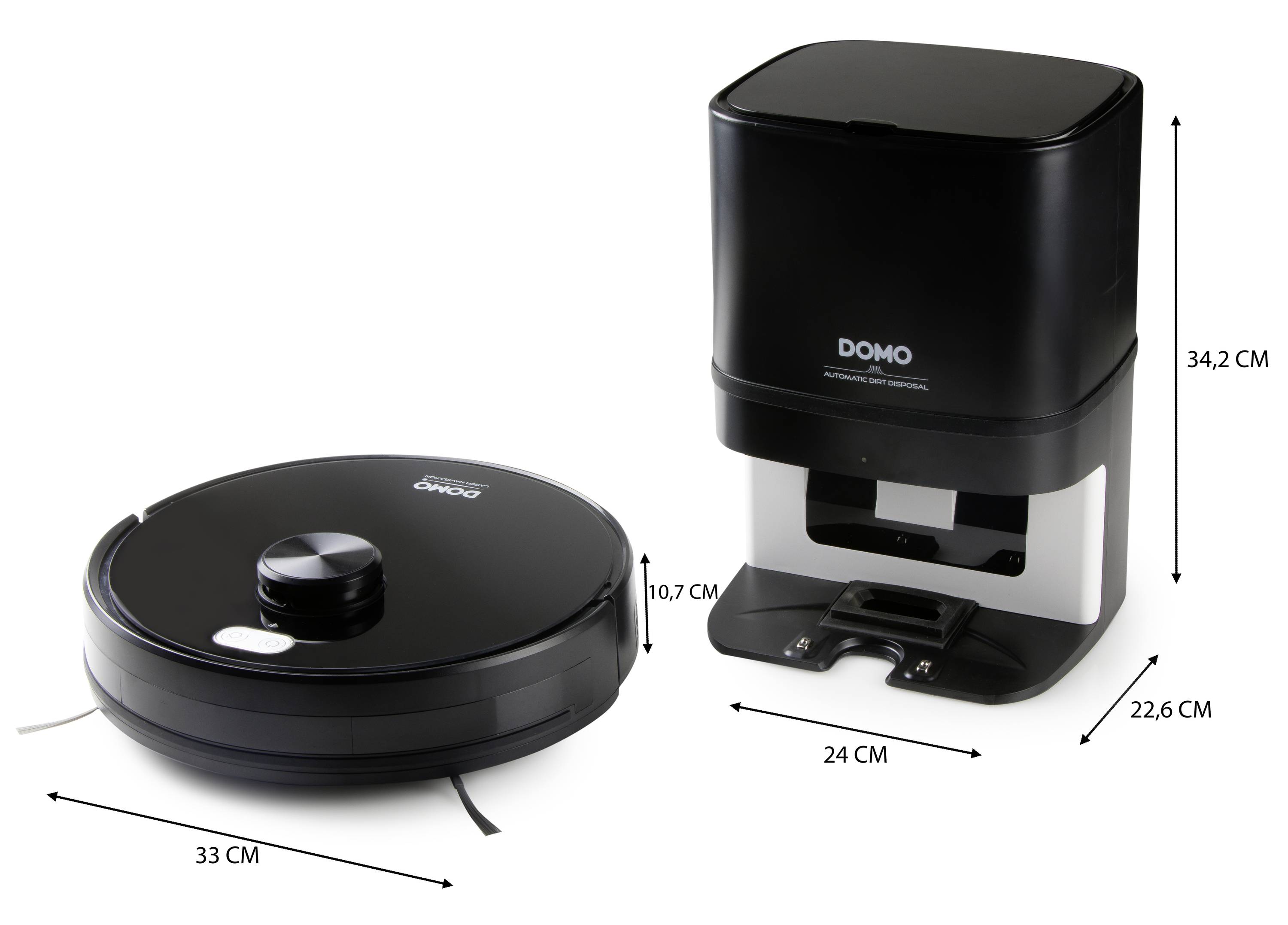 Robotic vacuum cleaner and charging station by DOMO, dimensions: Robot 33 cm diameter, 10.7 cm height; Station 24 cm width, 22.6 cm depth, 34.2 cm height.