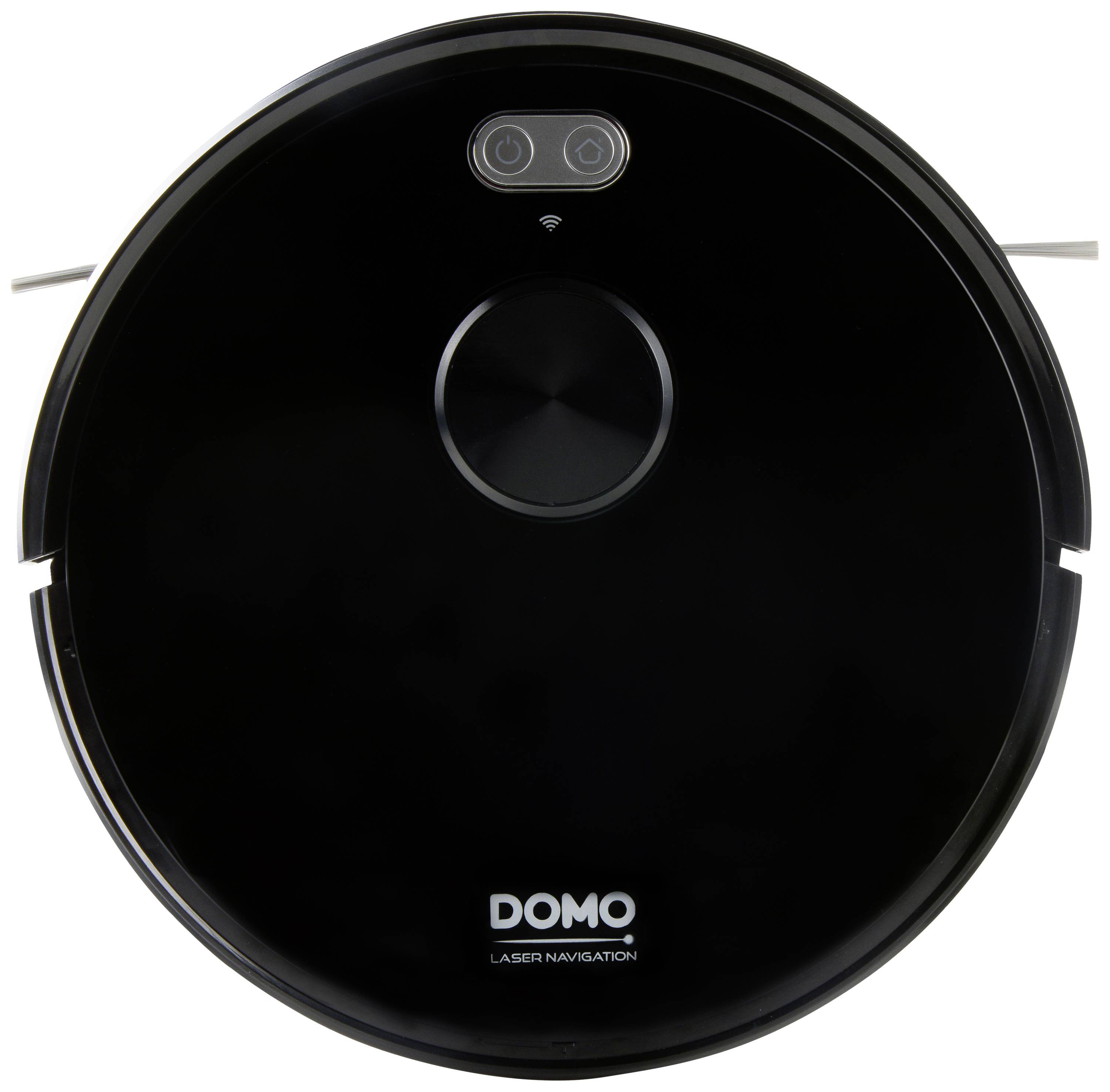 Black, round robotic vacuum cleaner with 'DOMO' inscription and laser navigation, shown from a frontal overhead view.