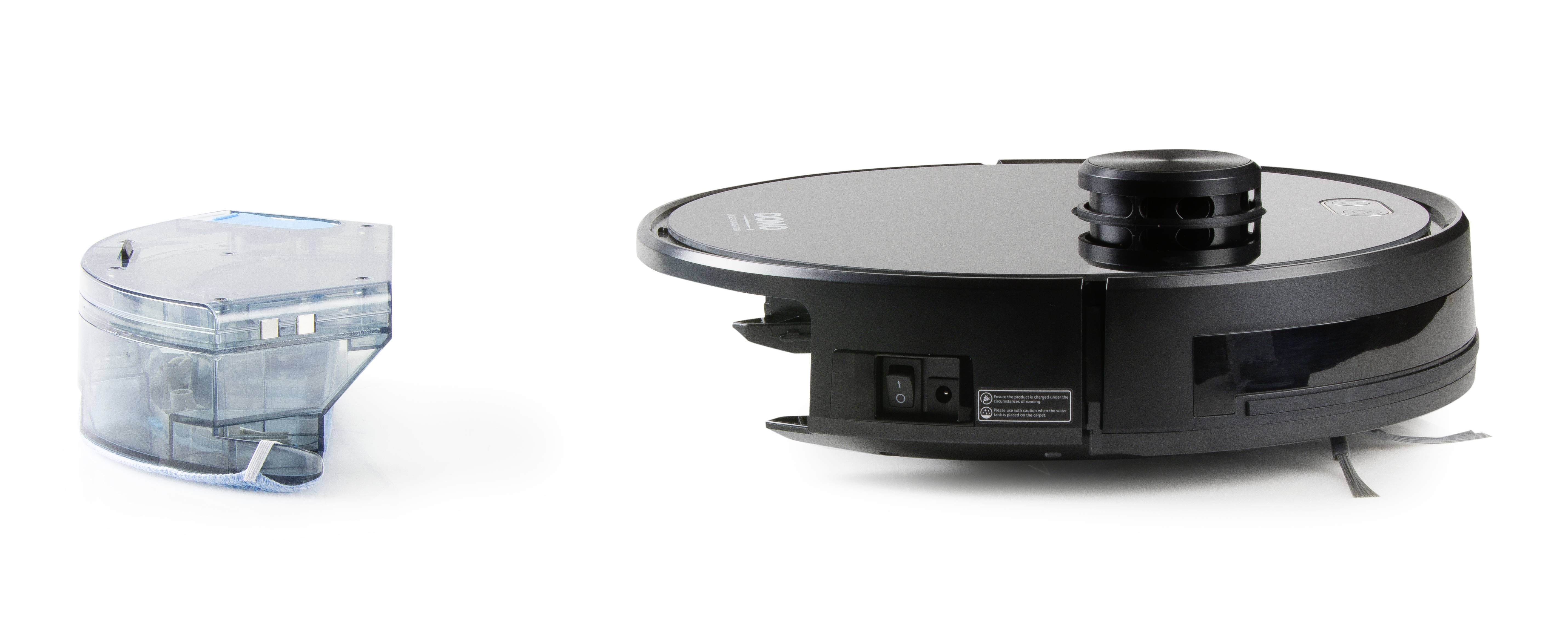 'Robot vacuum cleaner with water tank removed, detailed technical view showing water tank on the left and robot on the right.'