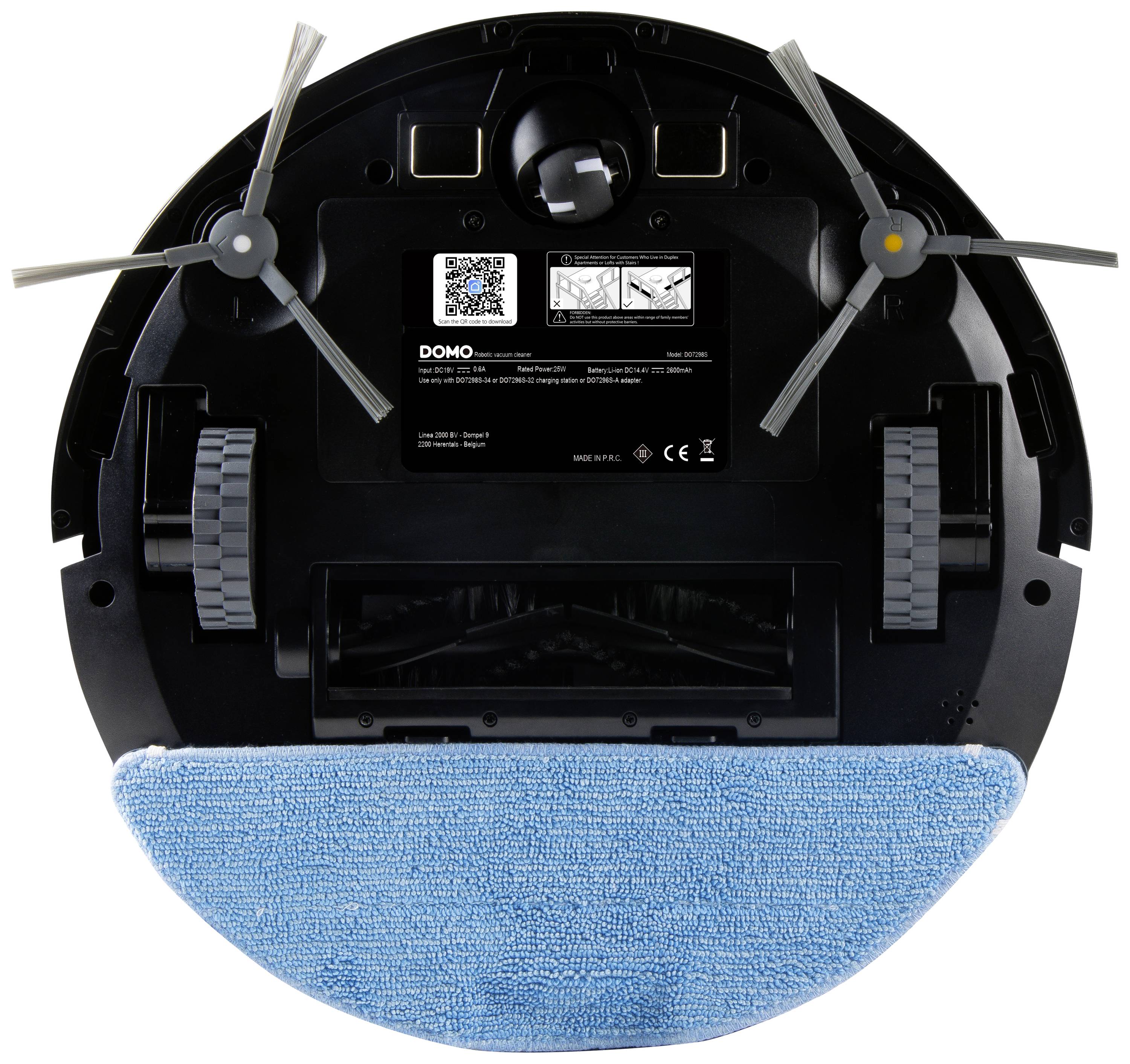 Underside of a round robot vacuum with brushes, wheels, and a blue cleaning cloth.<br><br>Note: This appears to be a direct translation from German to British English, maintaining the technical description of a robotic vacuum cleaner's base.