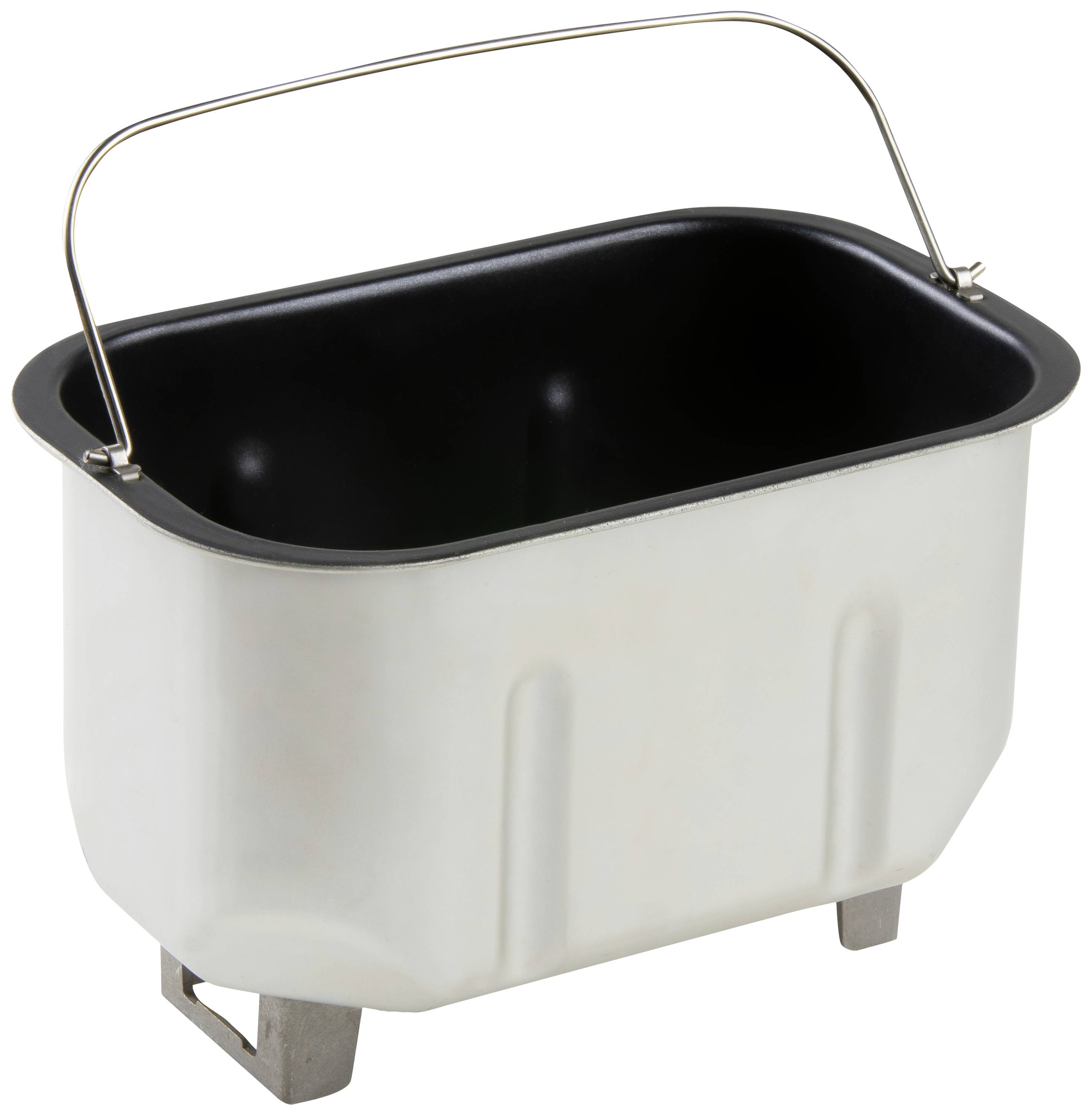 Silver baking tin with black non-stick coating and carrying handle, standing on small feet.