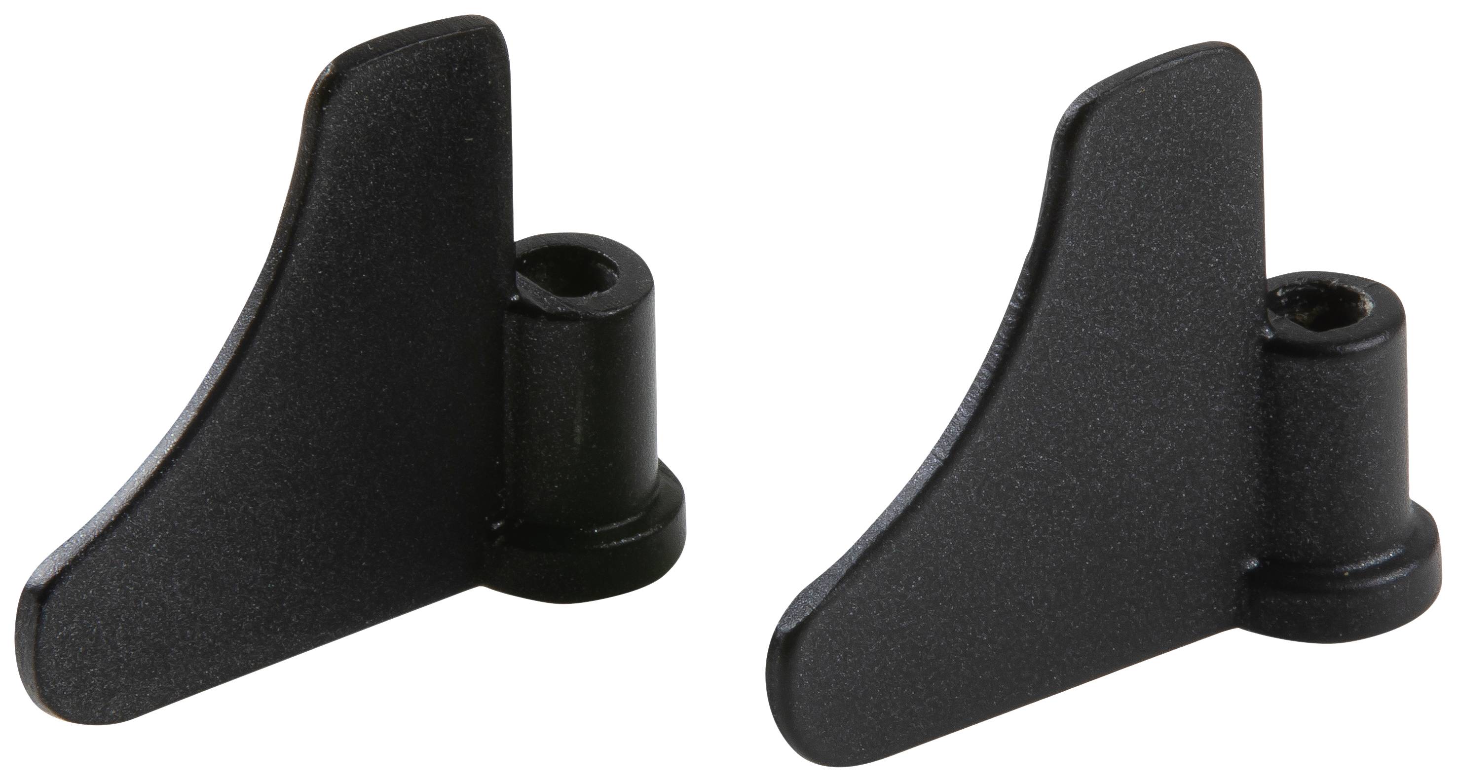 Two black plastic wing nuts used to securely fasten parts or devices.